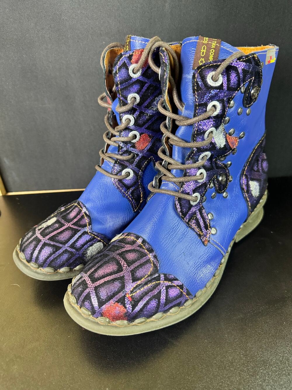 TMA EYES Blue Purple Patchwork Hand-Stitched Mid-Calf Boots EU 39